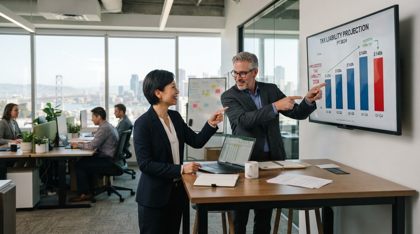Business owner and tax advisor reviewing a projected tax liability chart together