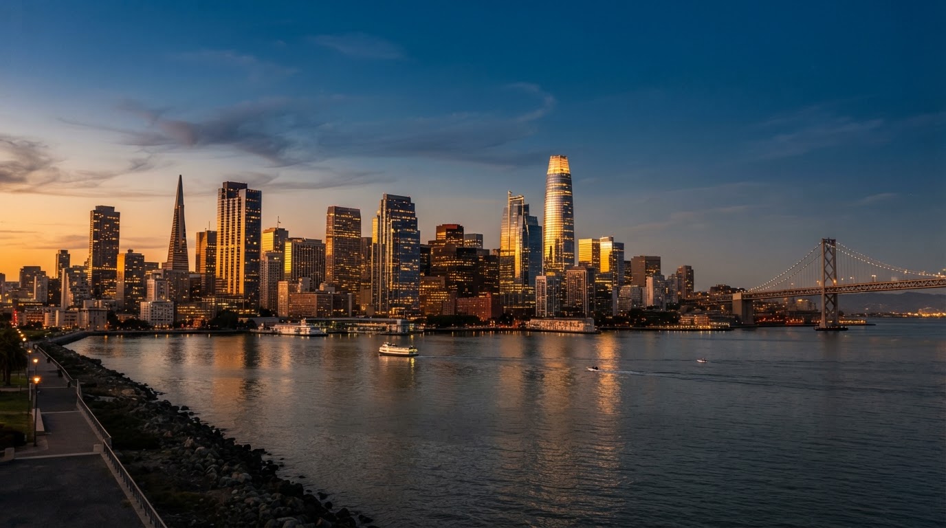 San Francisco financial district skyline glowing at golden hour