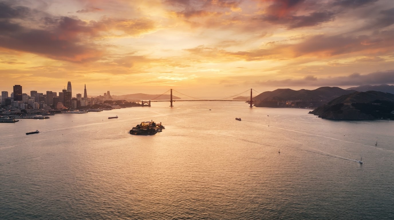 San Francisco Bay at sunset with the Golden Gate Bridge in the distance