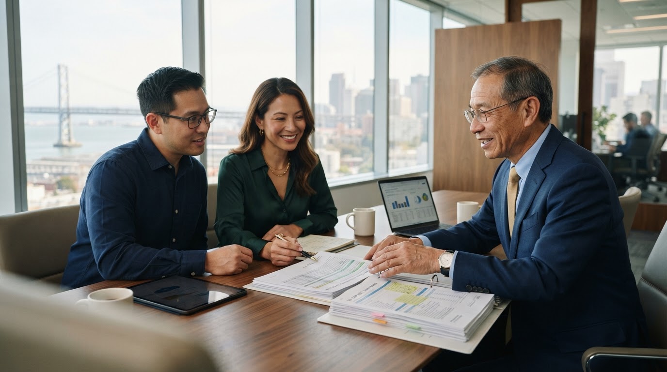 Senior tax advisor in a navy suit reviewing financial documents with a diverse client couple in a bright Bay Area office
