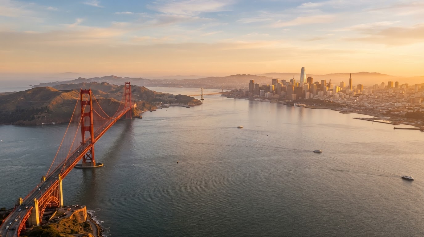 San Francisco Bay at golden hour with the Golden Gate Bridge in the distance