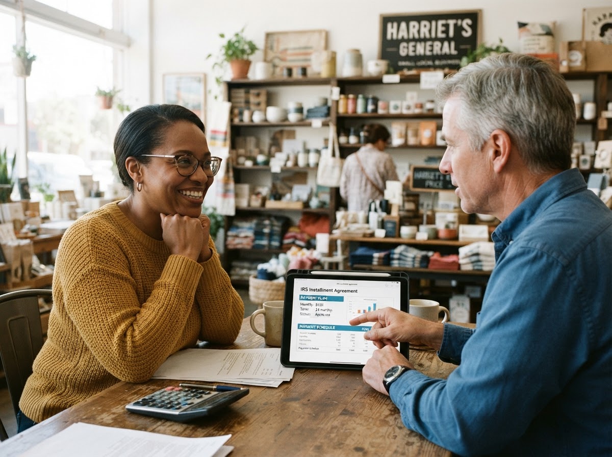 Black woman small business owner reviewing a tax resolution payment plan with her advisor