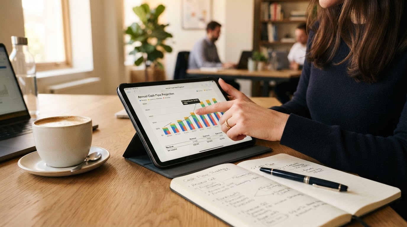 Close-up of hands pointing at a cash flow projection chart on a tablet with a notebook and coffee on a modern desk