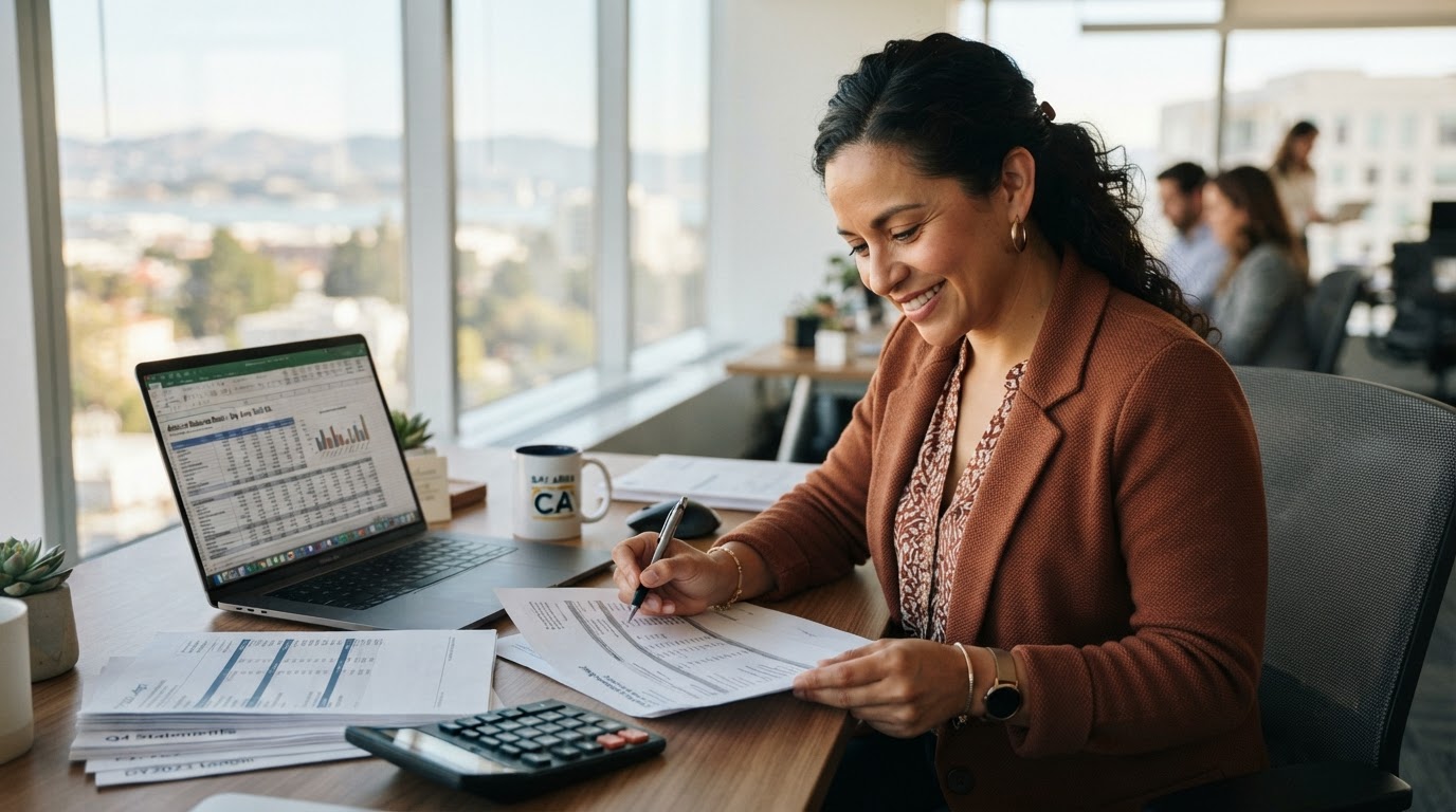 Latina female accountant reviewing financial statements and ledgers at a clean modern desk with a laptop