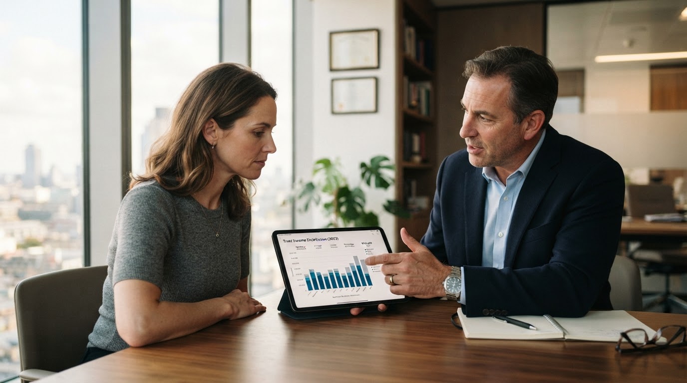 Fiduciary advisor explaining a trust income distribution chart to a client on a tablet