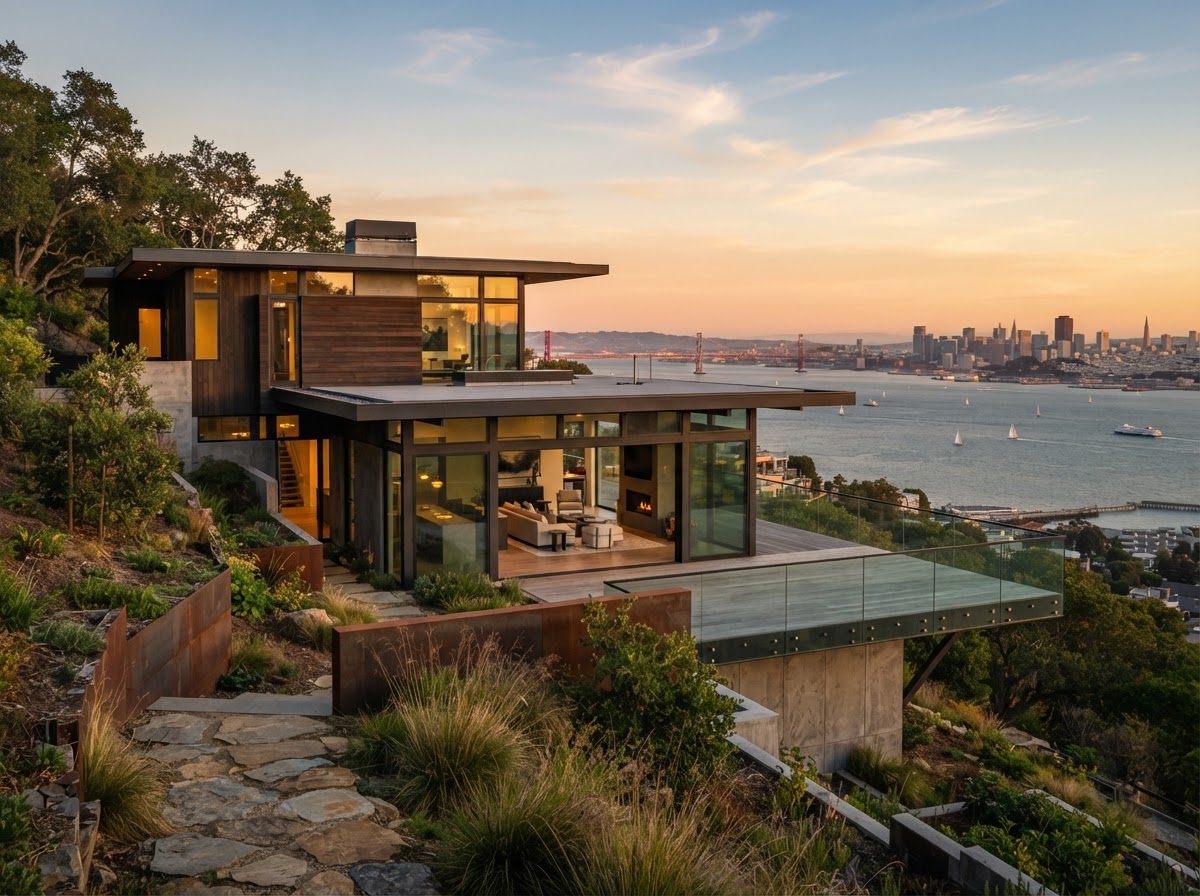 Modern Northern California residential architecture with hillside bay views