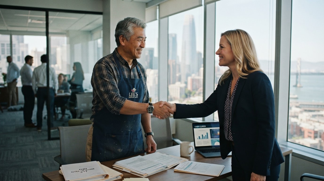Bay Area restaurant owner shaking hands with a tax advisor after resolving a tax issue