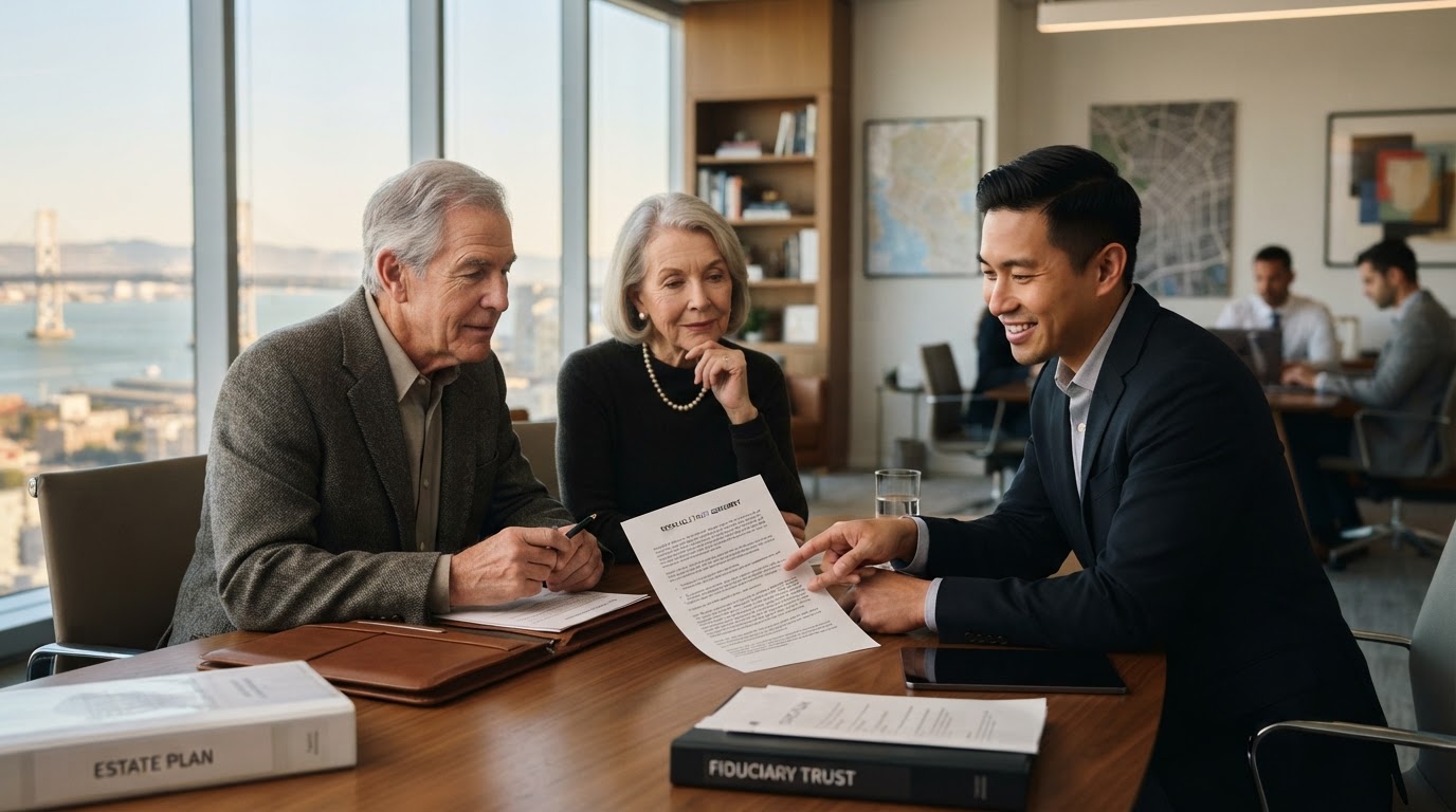 Sophisticated older couple reviewing estate planning documents with a financial advisor in a modern Bay Area office