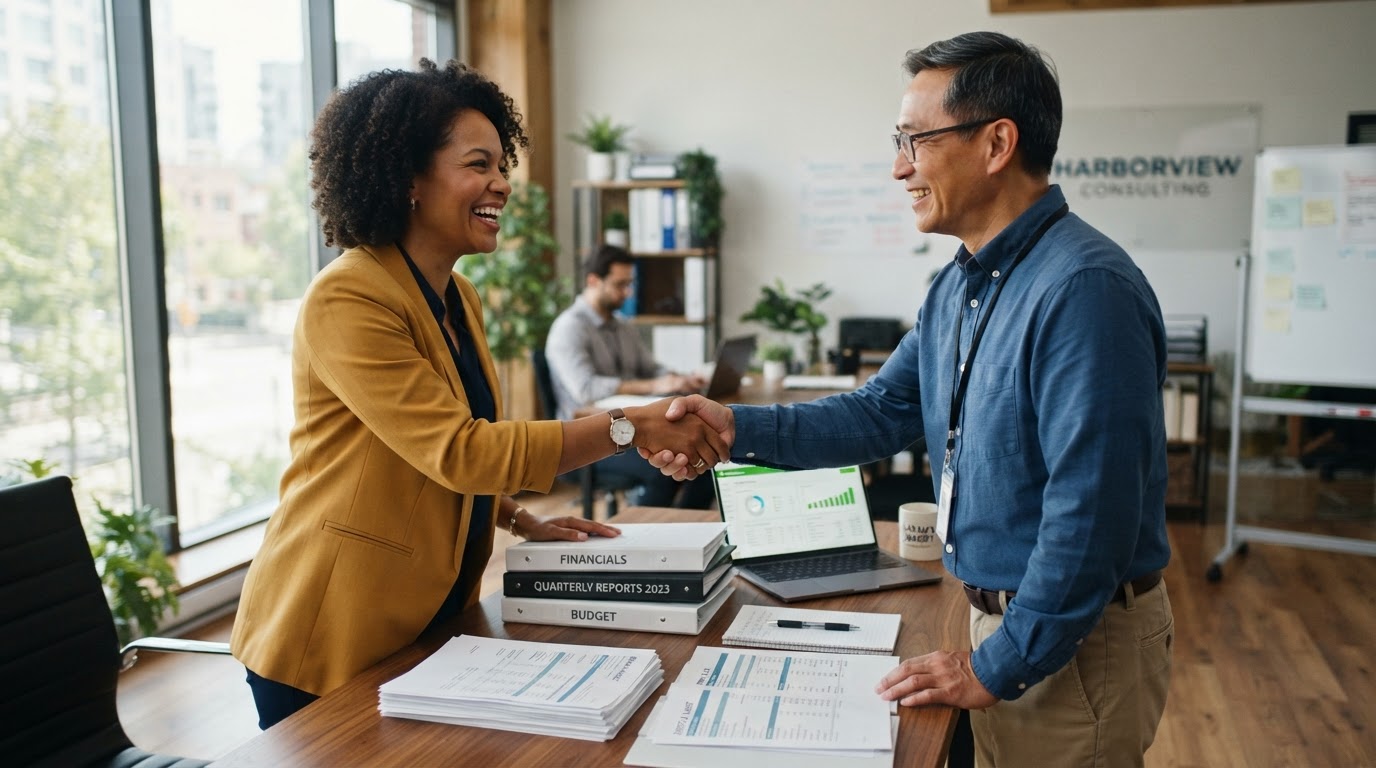 Diverse small business owner shaking hands with her bookkeeper after reviewing a stack of clean financial reports