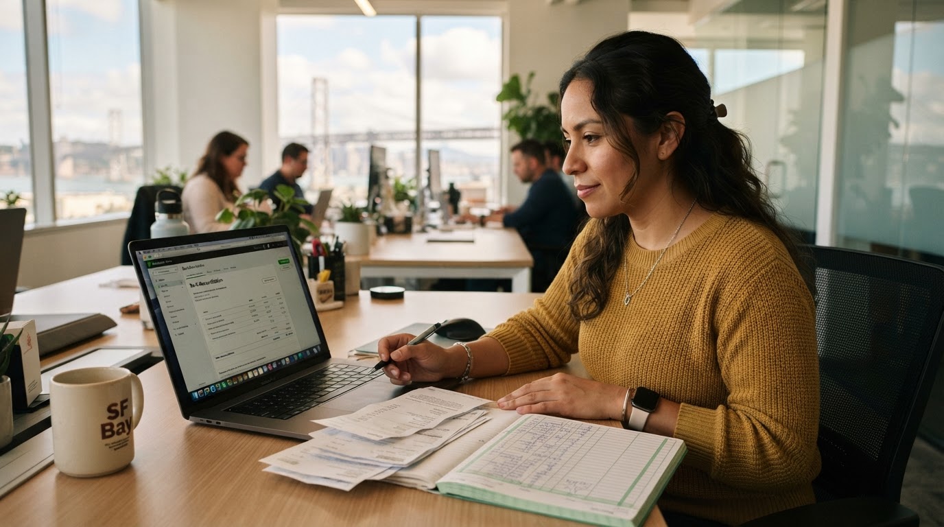 Latina female bookkeeper reviewing financial records and a bank reconciliation on a laptop at a clean modern desk in a bright Bay Area office