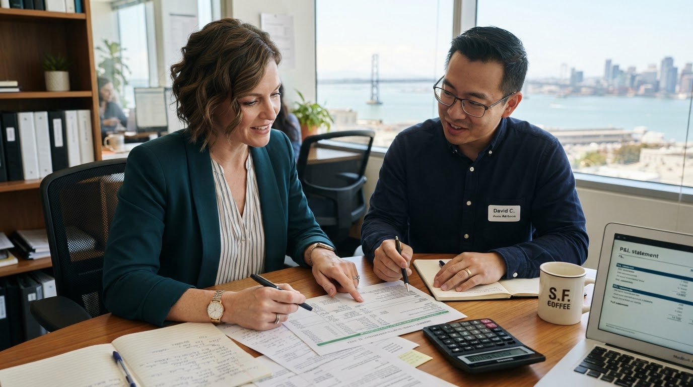 Small business owner going over quarterly estimated tax calculations with her accountant