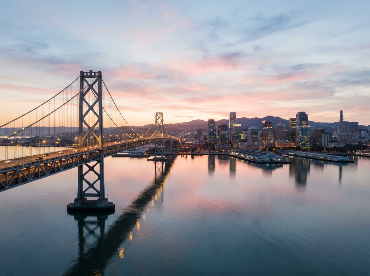 Oakland Bay Bridge at sunrise with downtown skyline in the background