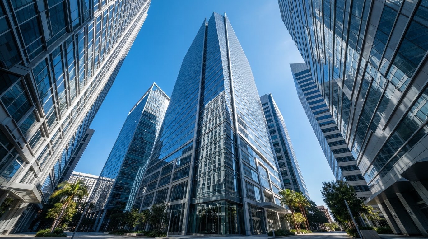 Modern glass high-rise office towers in a California business district