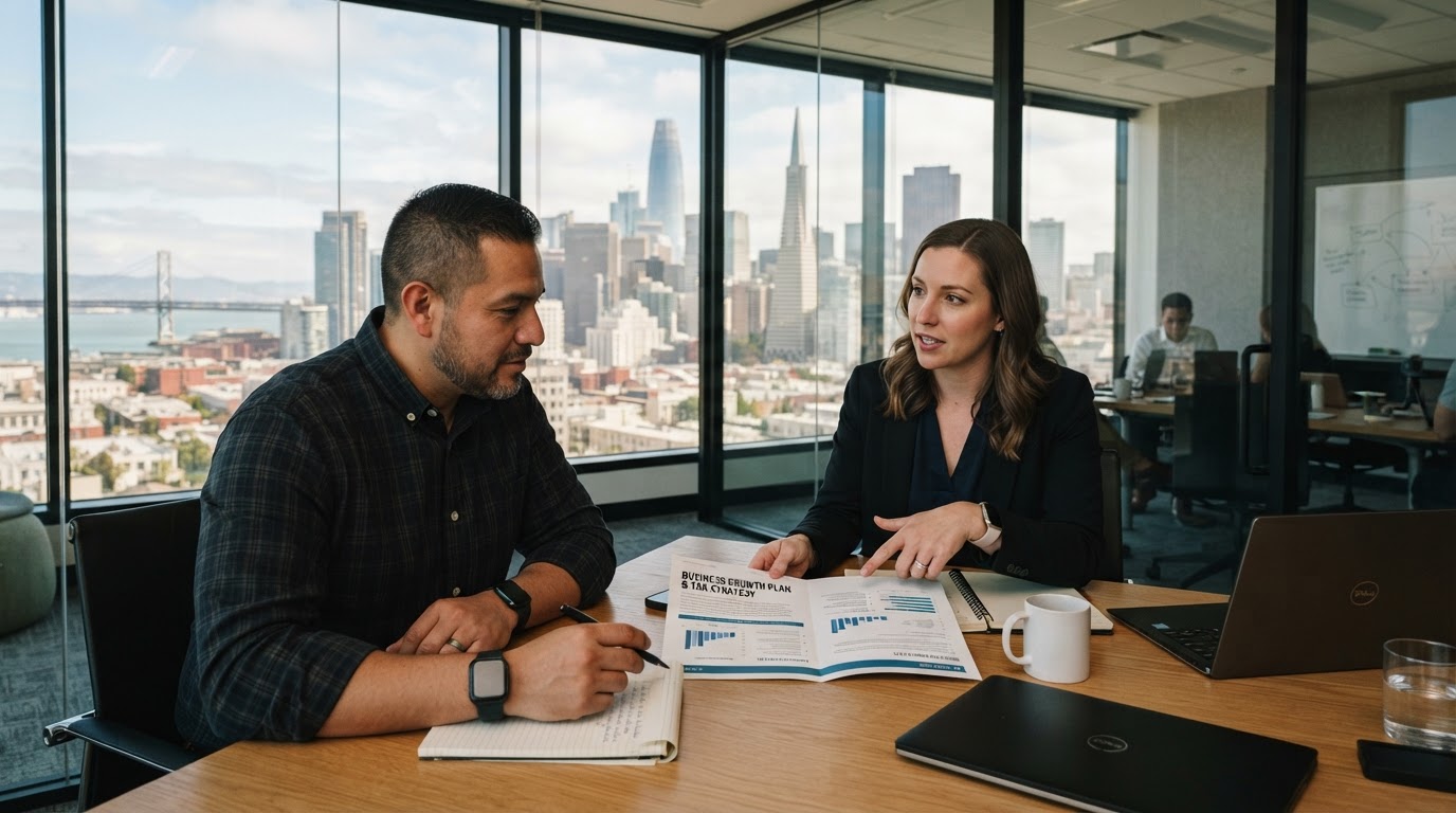 Latino small business owner and tax advisor in a strategy meeting with a growth plan on the table and the Bay Area skyline through the window