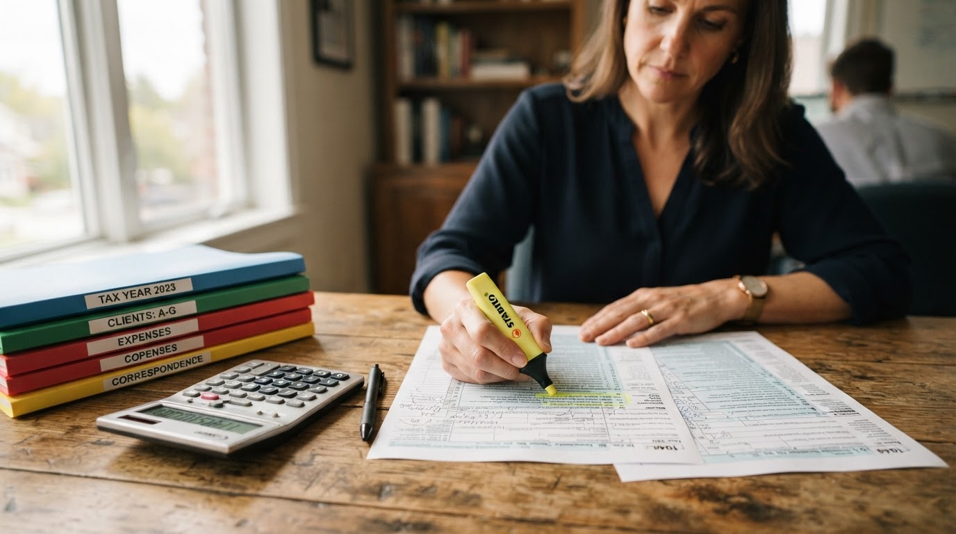 Tax advisor's hands reviewing a printed tax return with a highlighter over organized color-coded folders