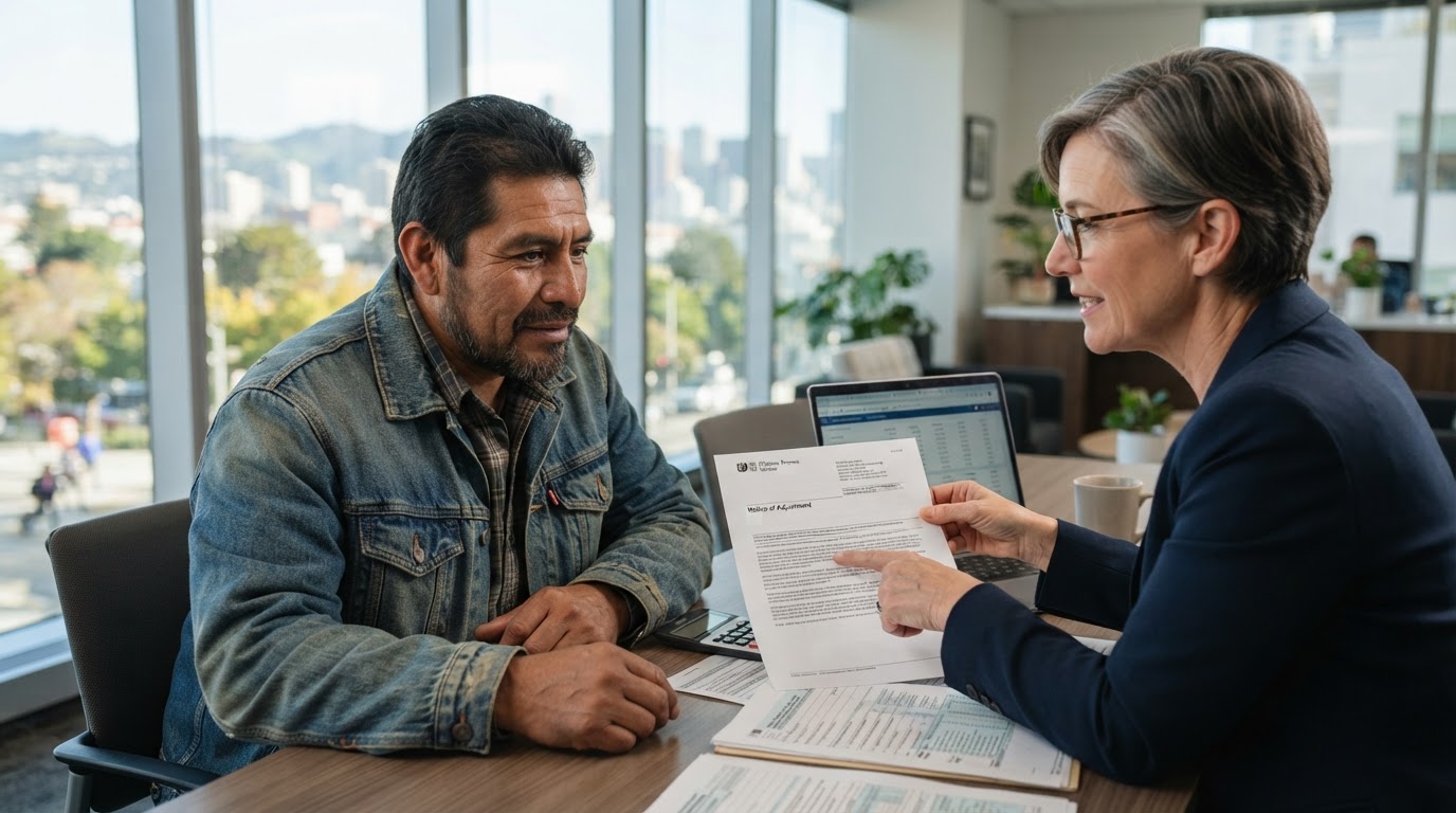 Construction tradesperson meeting a tax advisor about an IRS letter