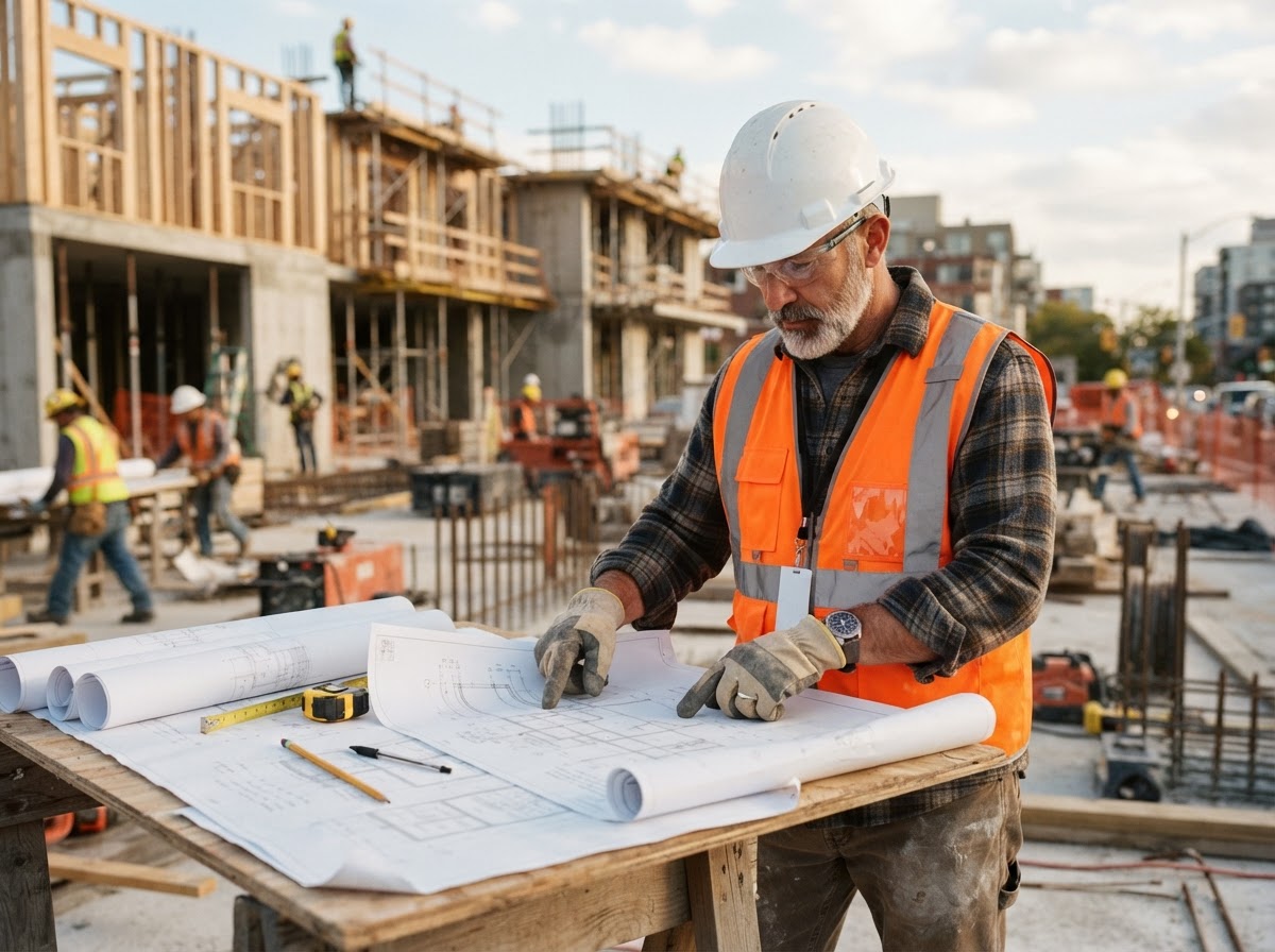 Construction general contractor in safety gear reviewing architectural plans at a build site