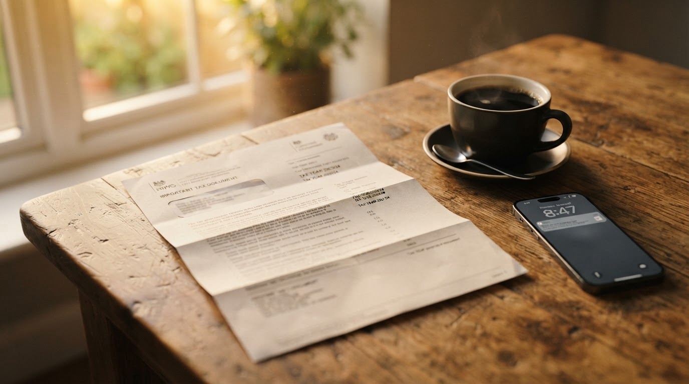 Open official tax letter on a warm desk beside coffee and a phone