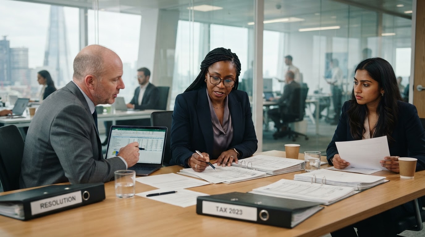Confident Black female entrepreneur working through tax resolution documents with her advisory team