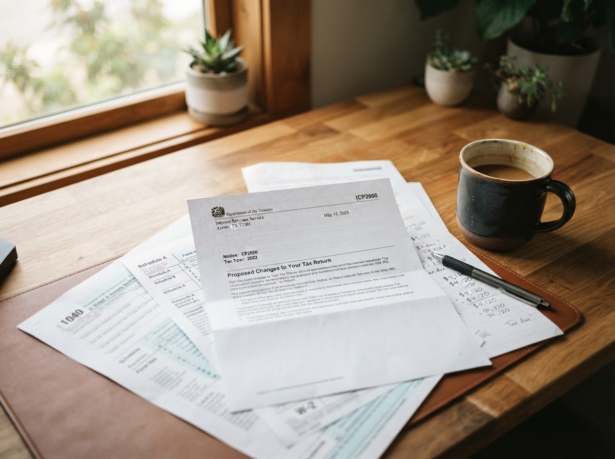 IRS notice and financial tax documents on a modern desk