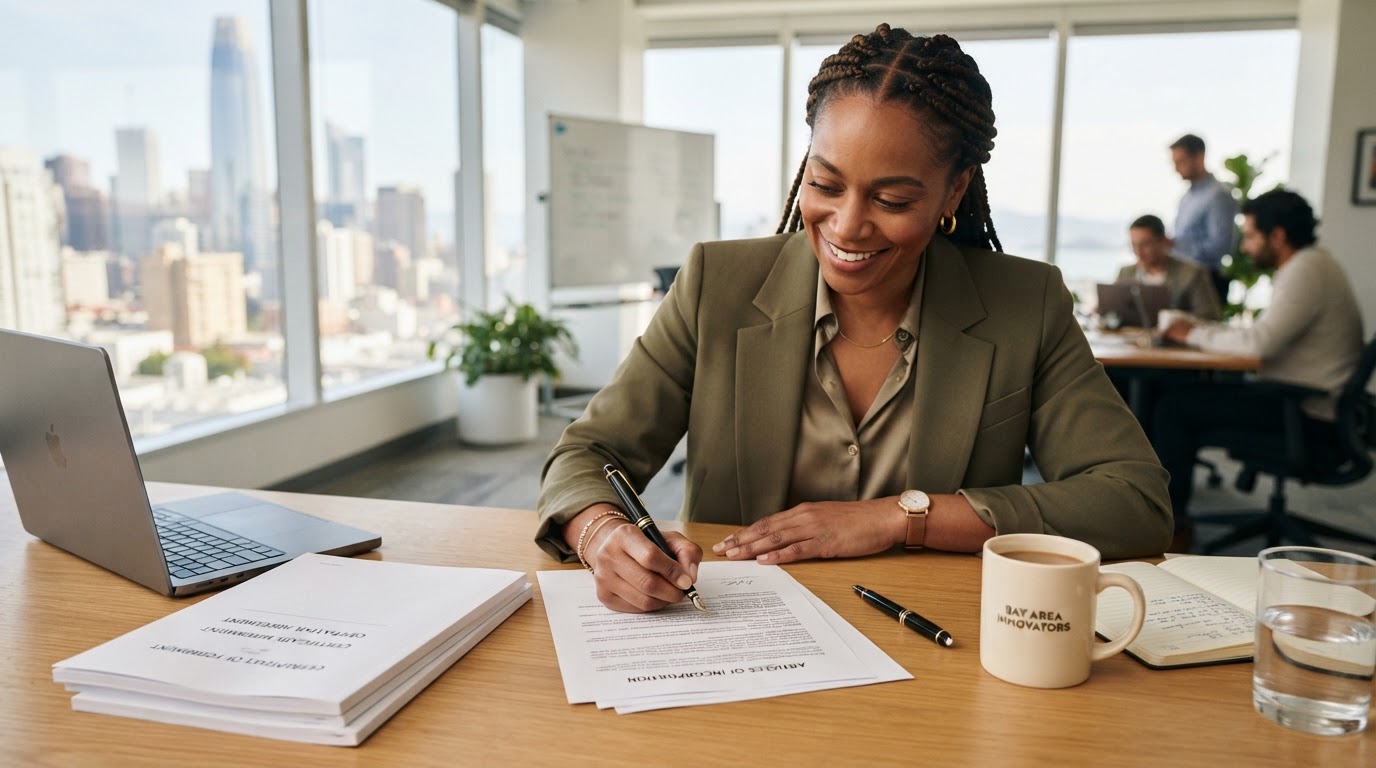 Diverse Black woman entrepreneur signing corporate formation documents and an operating agreement at a clean desk