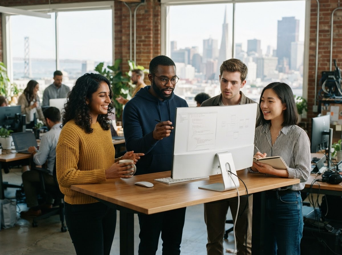 Diverse software startup team collaborating in a bright San Francisco tech workspace