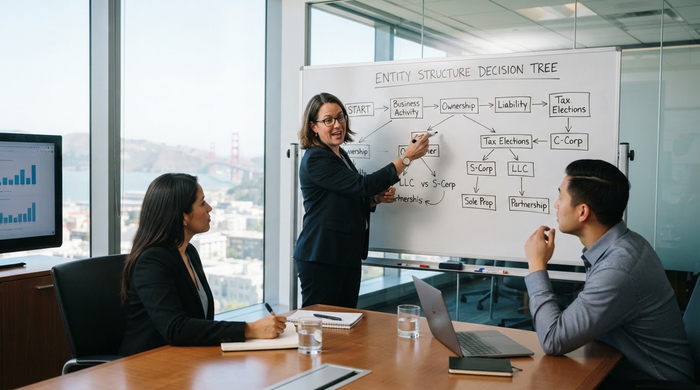 Tax advisor presenting an entity structure decision tree on a whiteboard to two diverse business partners in a bright Bay Area conference room