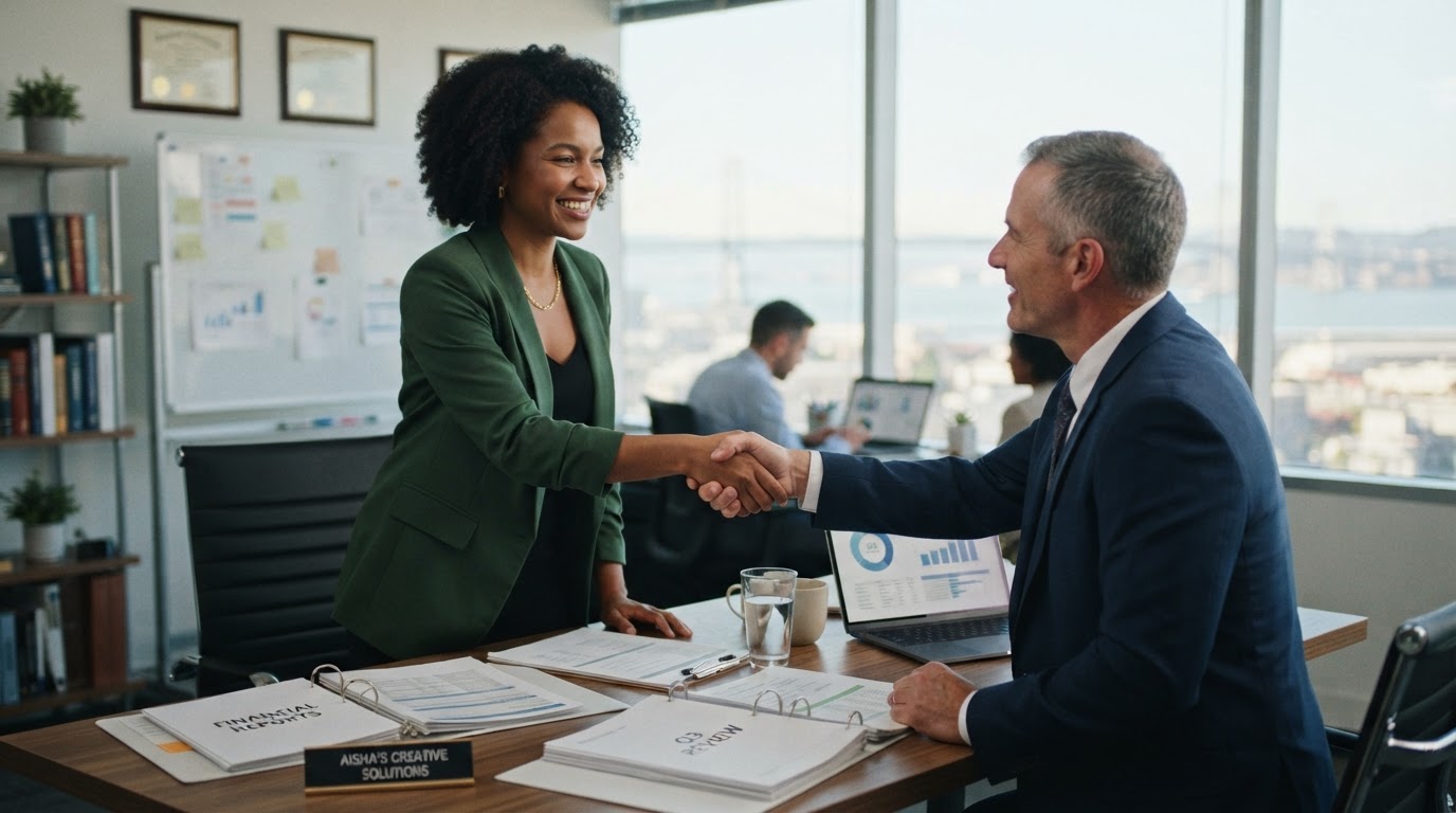 Black female business owner shaking hands with an accountant after a successful accounting review meeting