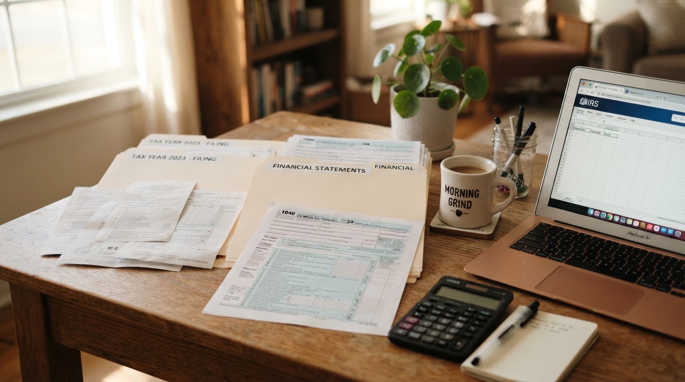 Filings and financial documents organized neatly on a desk beside a coffee cup