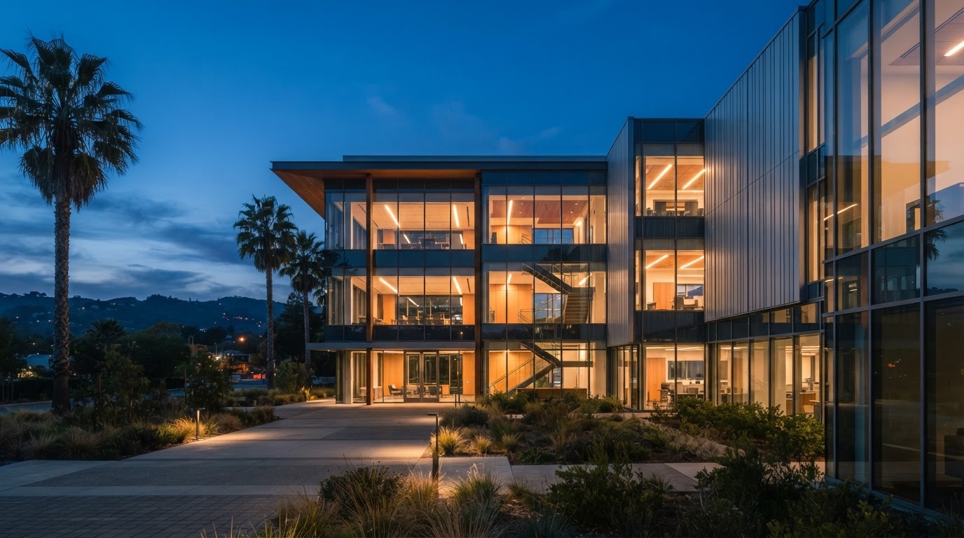 Modern Northern California professional office building at blue hour with warm interior lights