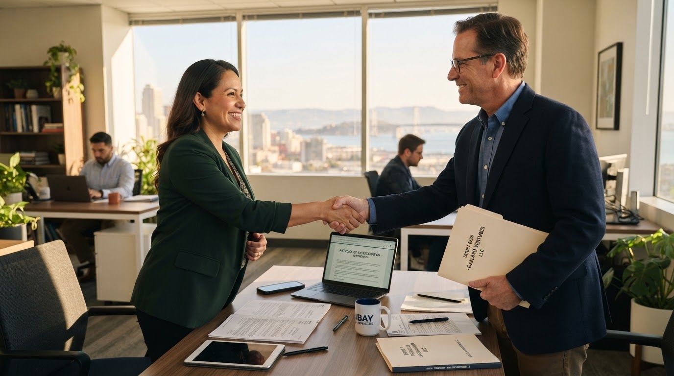 Relieved diverse business owner shaking hands with a tax advisor after completing entity formation paperwork in a sunlit Bay Area office