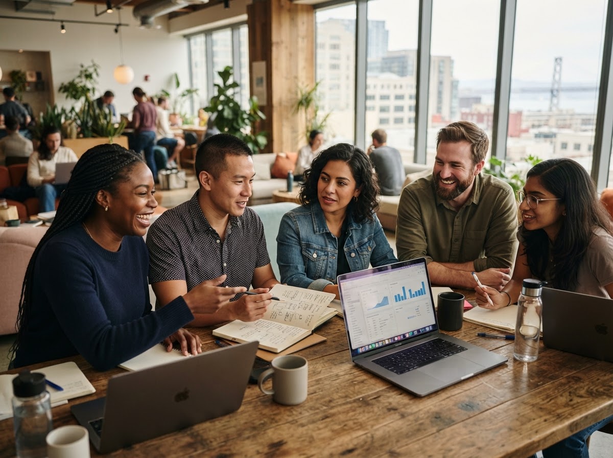Diverse team of Bay Area business founders collaborating in a coworking space