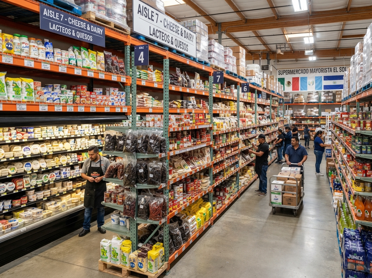Interior of JC Royal Inc. Cash & Carry store stocked with Central American and Mexican food products