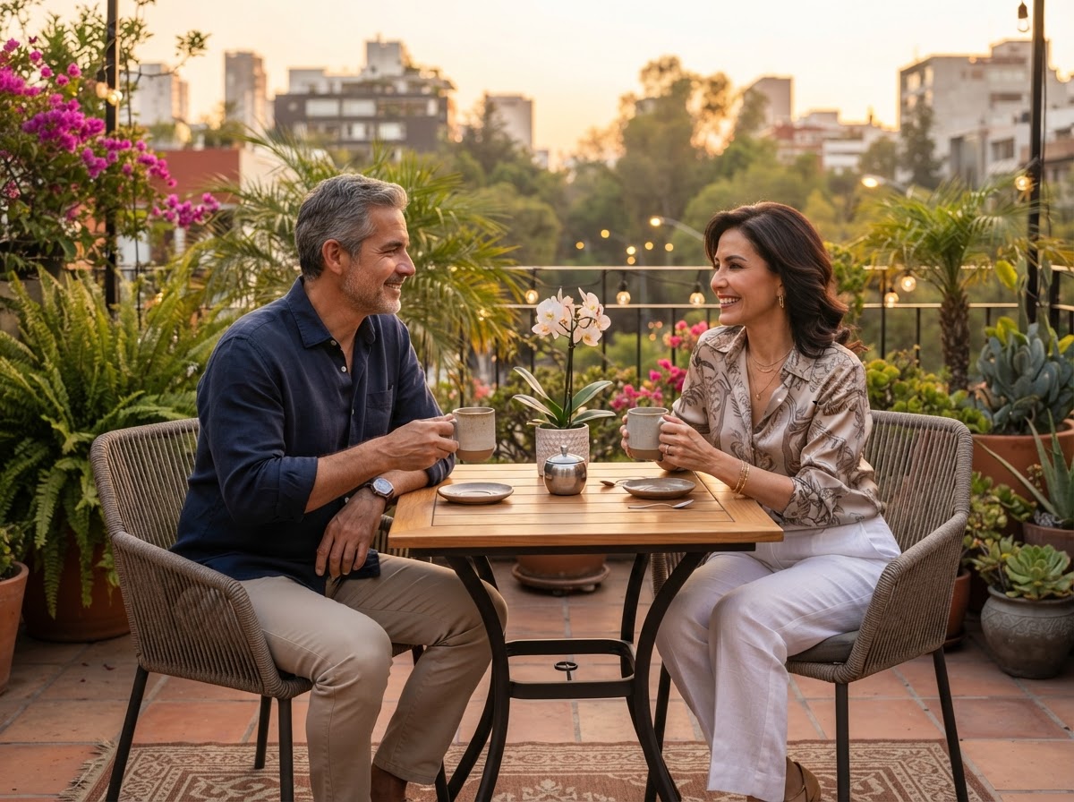 Pareja mexicana madura disfrutando su terraza en Polanco, Ciudad de México