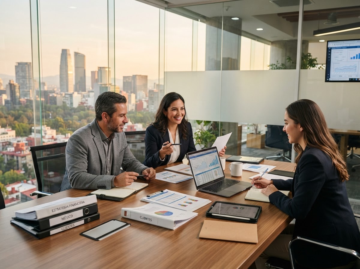 Equipo de asesores de Patrimonio 360 en reunión de planeación financiera