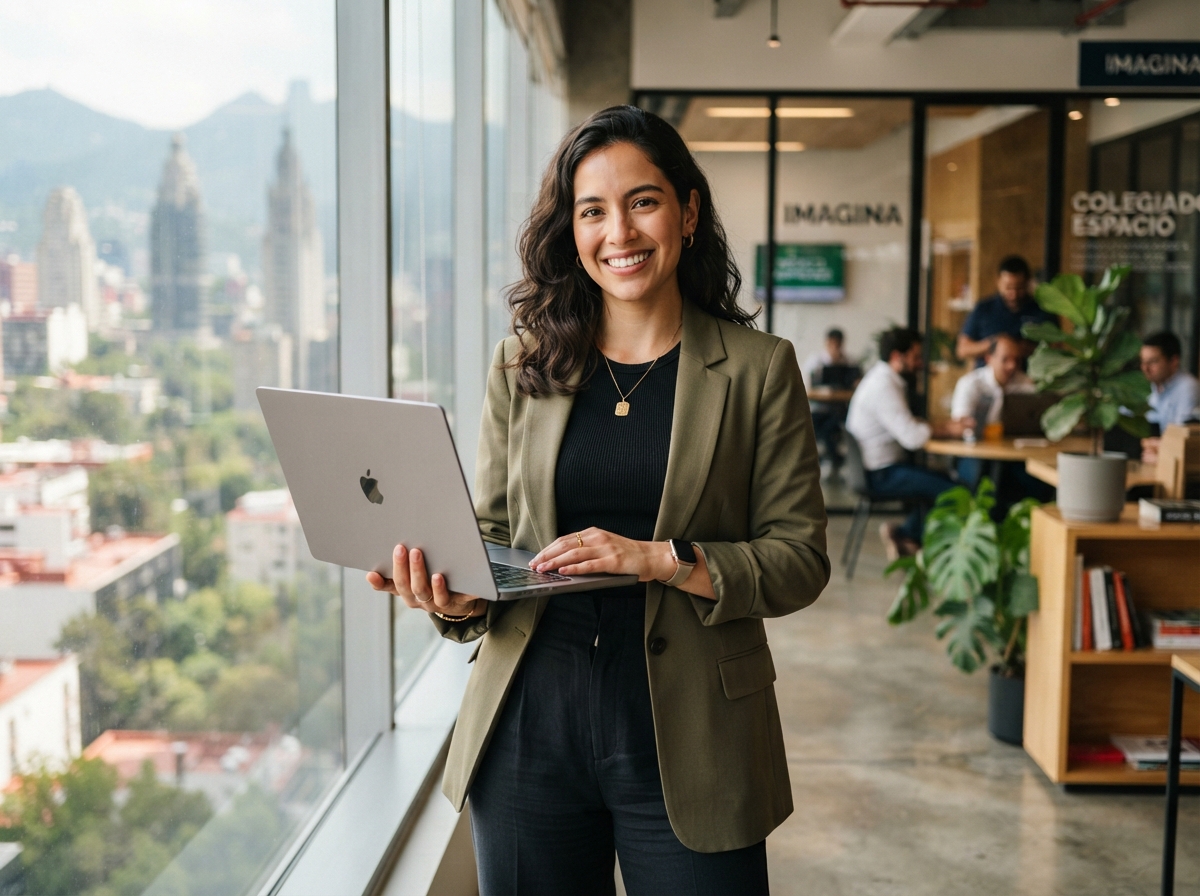 Profesional mexicana joven con laptop en coworking en Ciudad de México