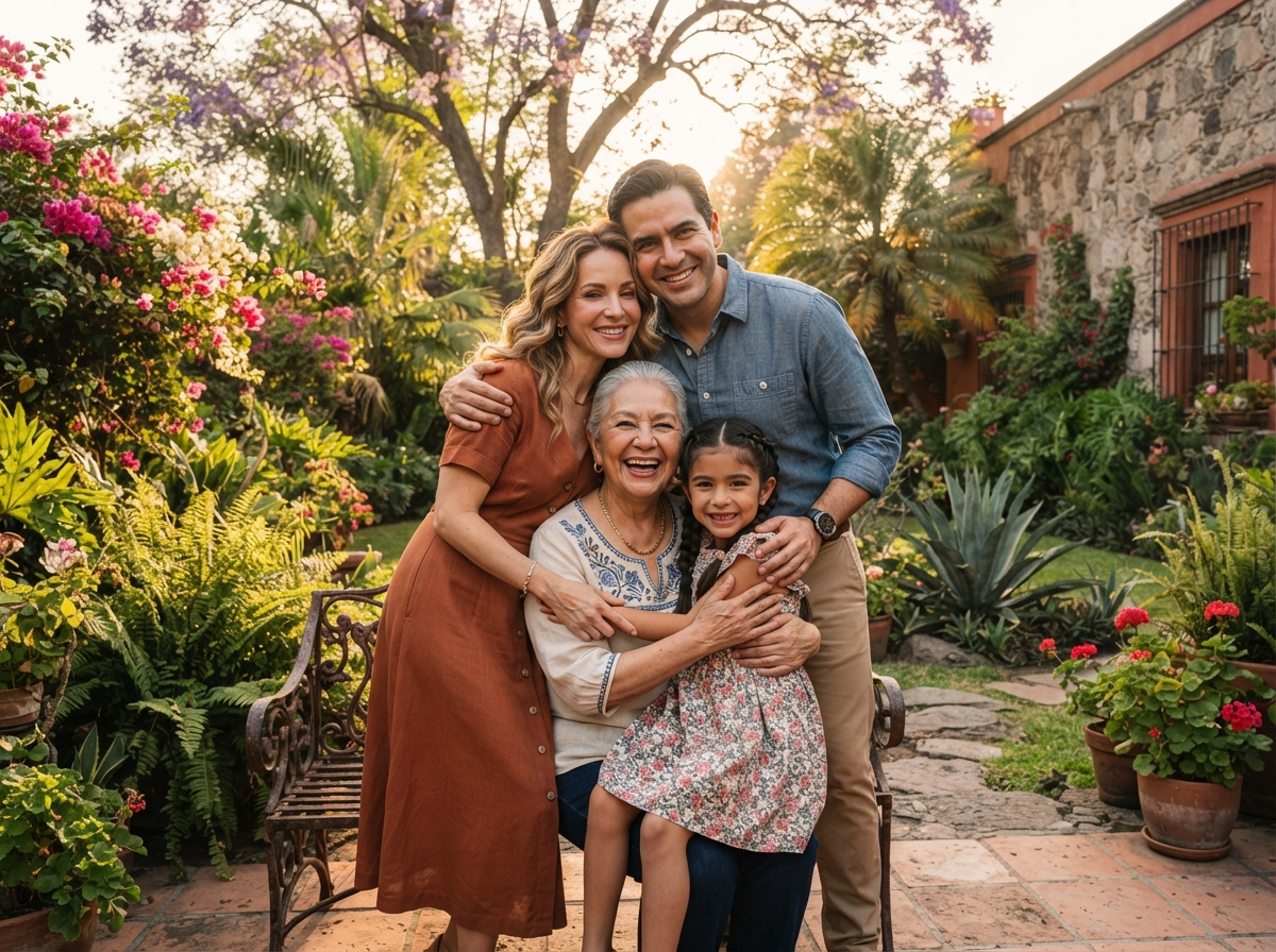 Familia mexicana de tres generaciones reunida en el jardín de su casa en CDMX
