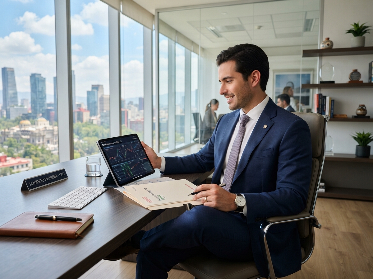Profesista mexicano exitoso revisando documentos financieros en su oficina en CDMX