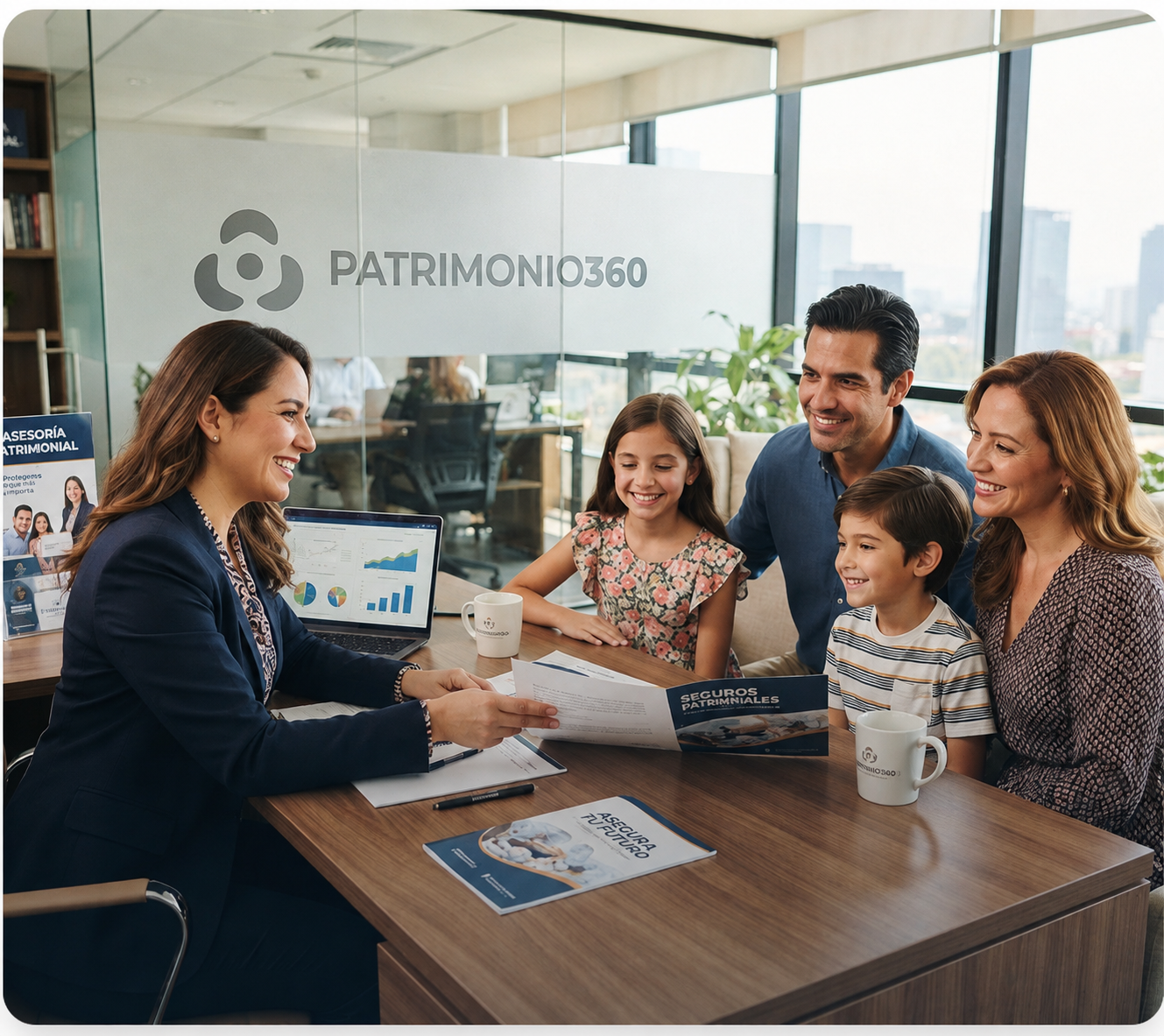 Asesora de Patrimonio 360 con familia mexicana en reunión de asesoría patrimonial