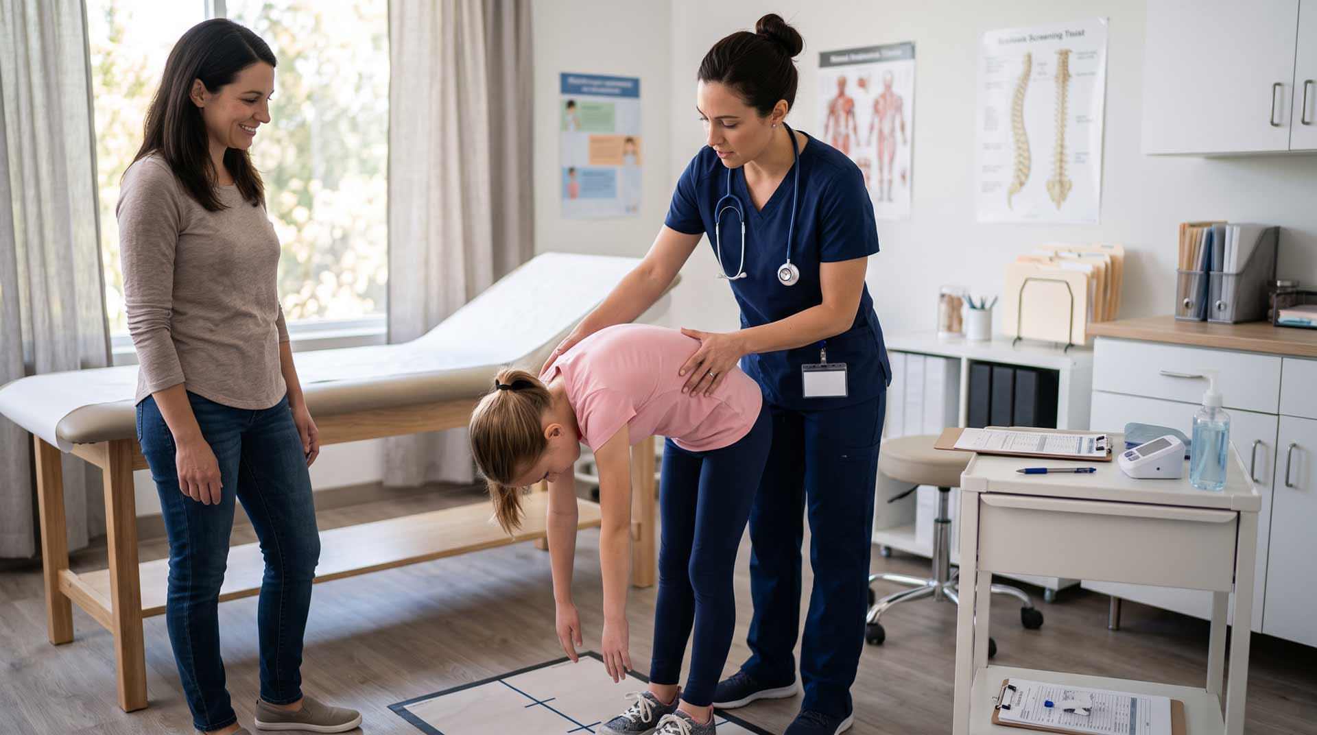 How Clinicians Check for Scoliosis Doctor evaluating a child's posture during a scoliosis screening examination in a clinic
