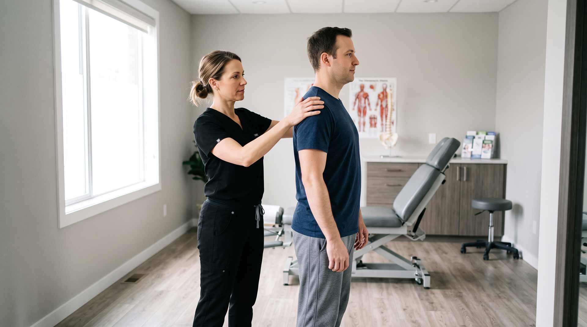 What Does a Chiropractor Evaluate? Chiropractor assessing a patient's posture and movement during a physical examination