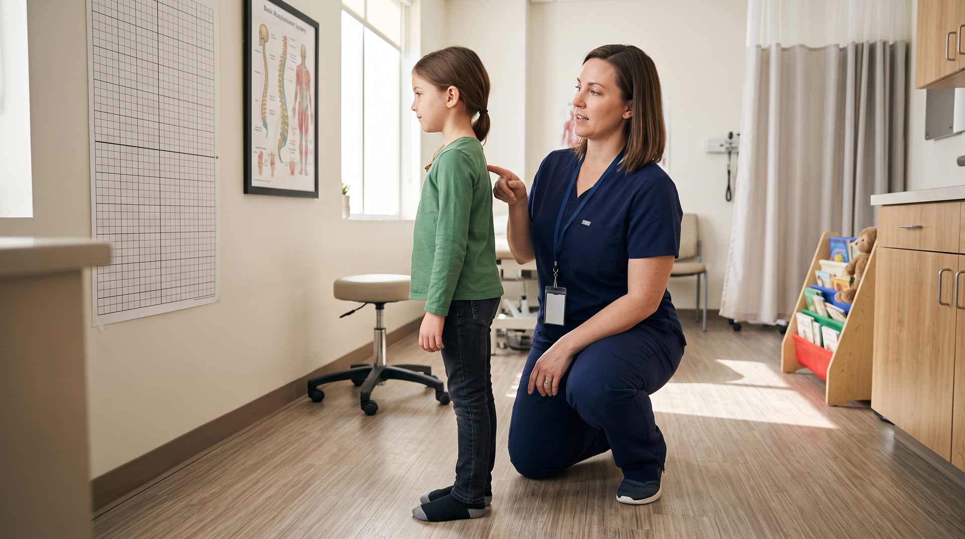 Visible Changes That May Be Signs of Scoliosis Healthcare professional observing a child's posture and body symmetry during a scoliosis screening assessment