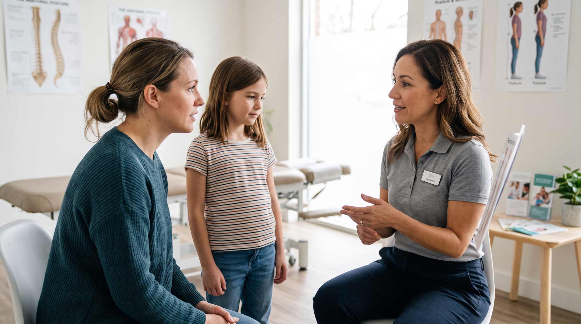 Early Signs of Scoliosis in Children Parents Should Know Parent discussing child's posture concerns with a healthcare professional during a scoliosis evaluation
