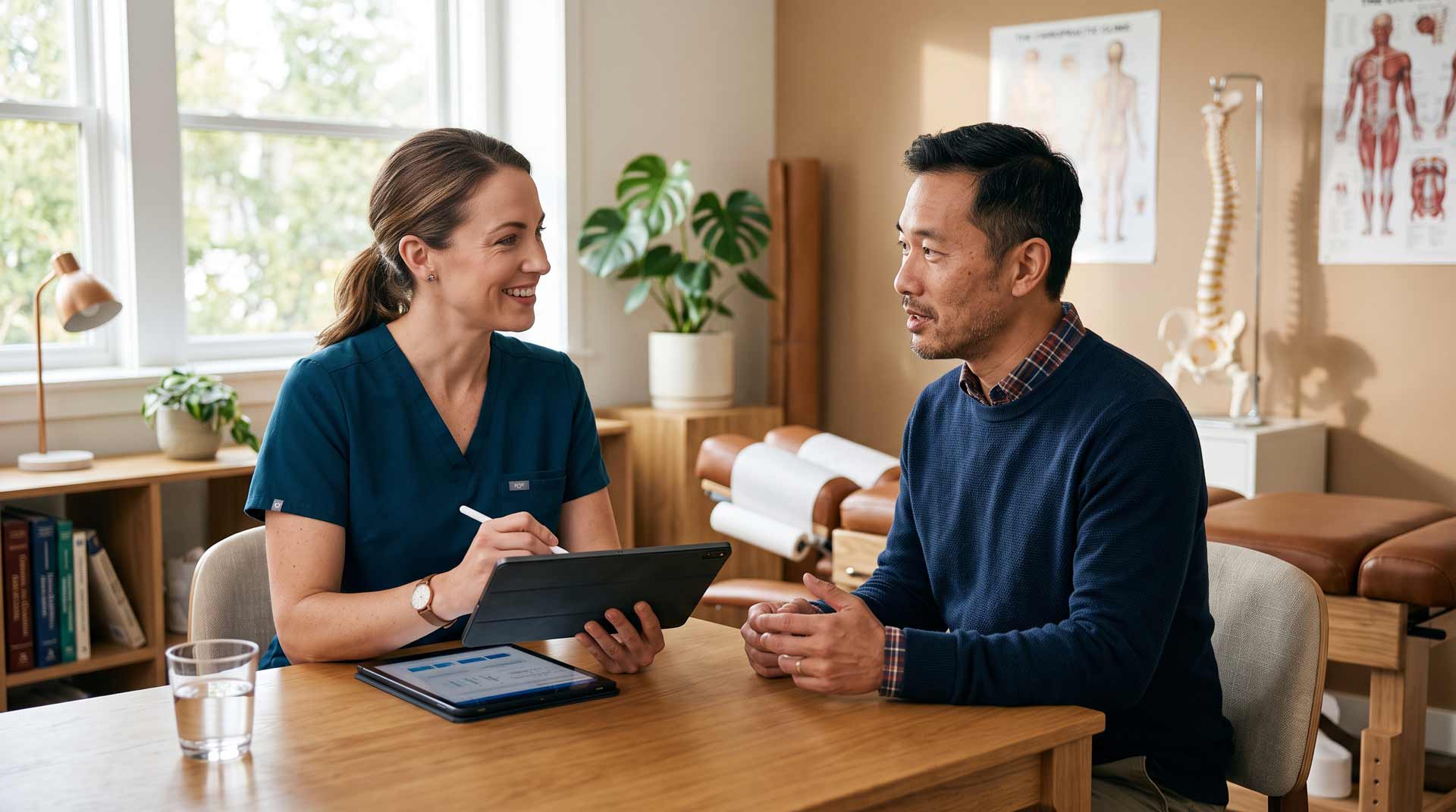 What Treatments Might a Chiropractor Use? Chiropractor guiding a patient through therapeutic exercises during a personalized care plan