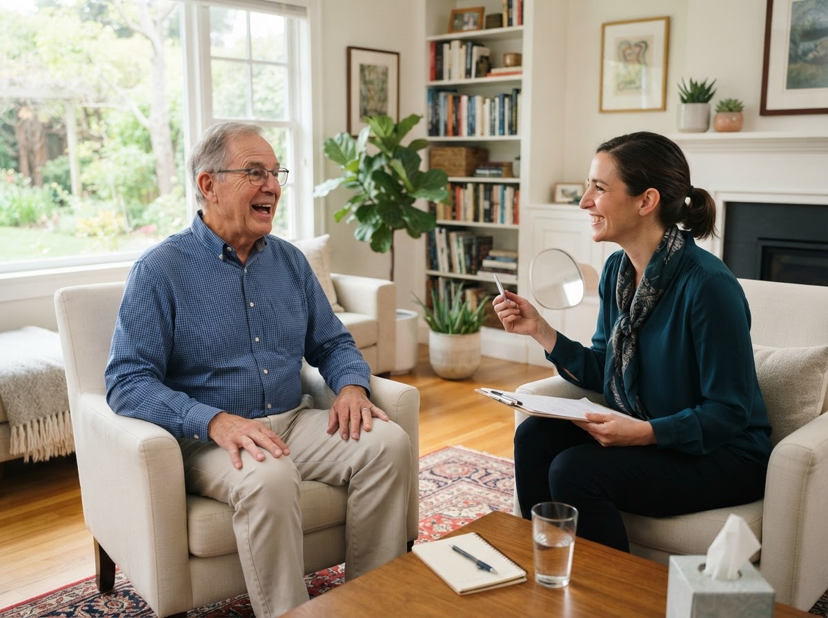Speech-language pathologist guiding an older adult man through vocal projection and voice practice during an in-home voice therapy visit