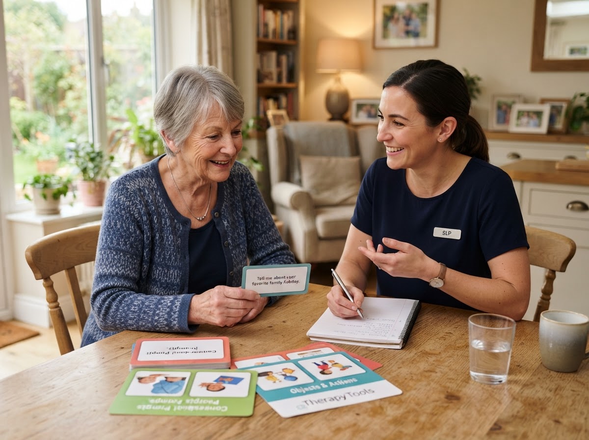 Speech-language pathologist working with an older adult woman on conversation and communication after a stroke during an in-home visit