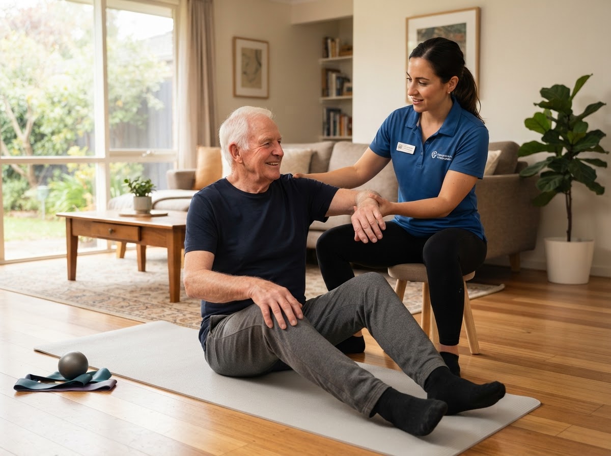Physical therapist guiding an older adult man through gentle trunk mobility and functional movement exercises at home for low back pain