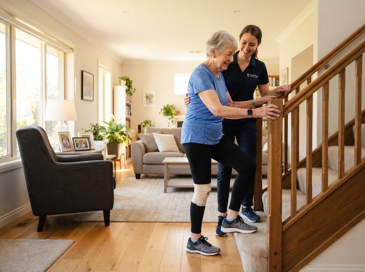 Physical therapist guiding an older adult woman practicing stairs and standing from a chair at home after knee replacement surgery