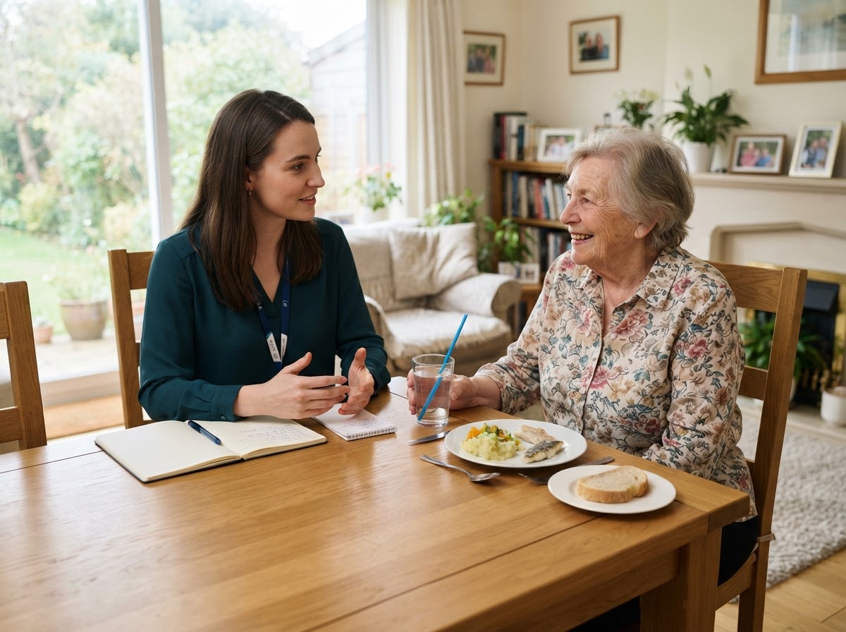Speech-language pathologist seated at a dining table with an older adult discussing mealtime and swallowing strategies during an in-home visit