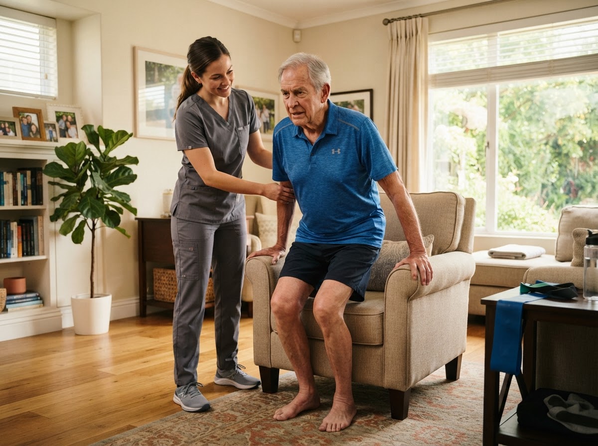 Physical therapist supporting an older adult as he practices standing up from a chair to rebuild strength and endurance during an in-home deconditioning physical therapy visit